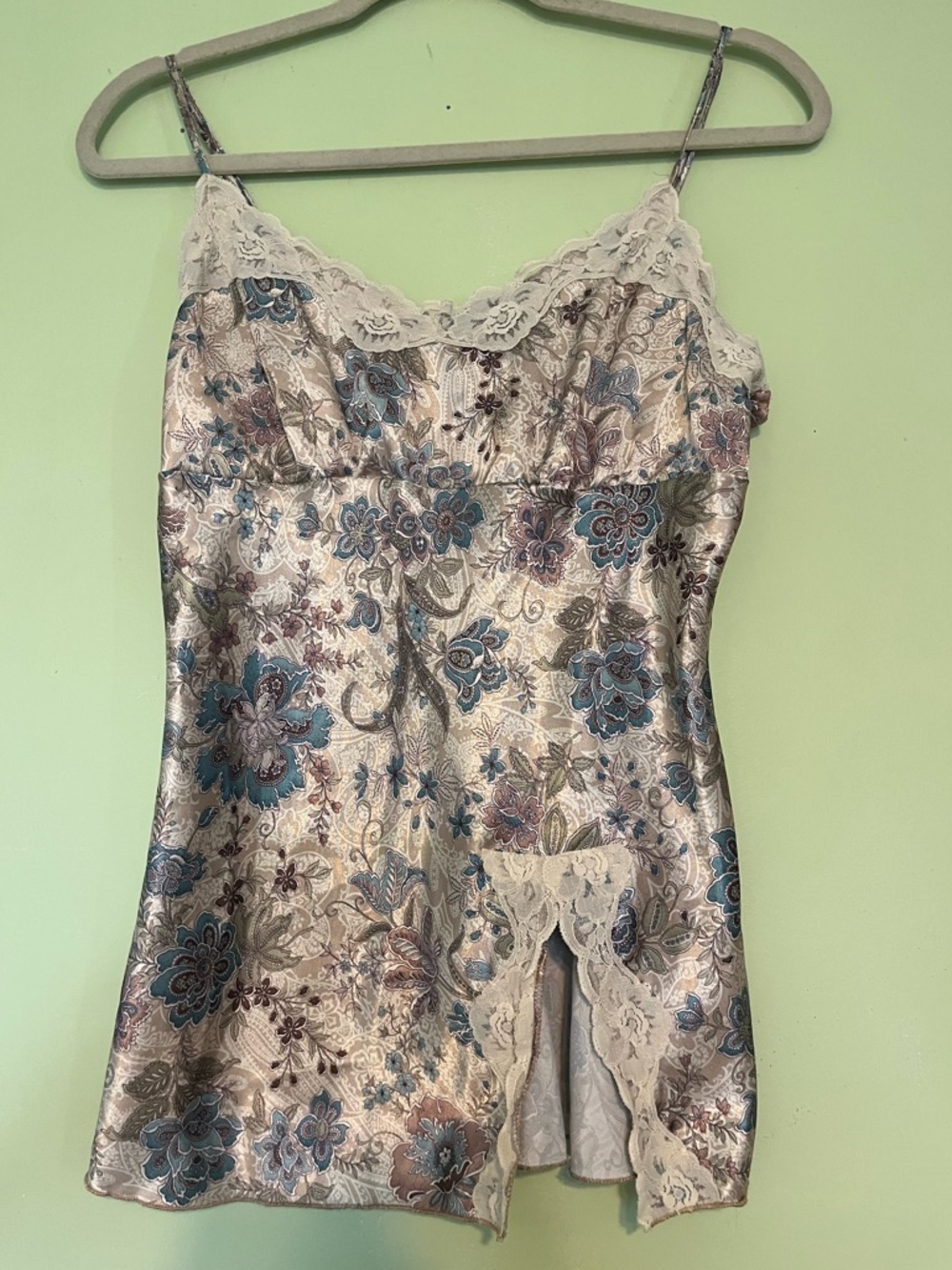 Floral Satin Lace Trim Chemise - Blue & Cream